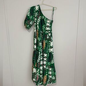 Oliphant One Shoulder Puff Sleeve Tropical Print Dress
